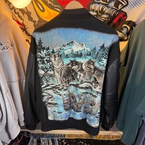 Steer Brand Vintage Wolf Graphic Varsity Jacket Leather Sleeves Mens Large Black